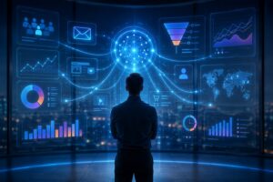 Profesional de marketing frente a panel de inteligencia artificial con gráficos y datos conectados